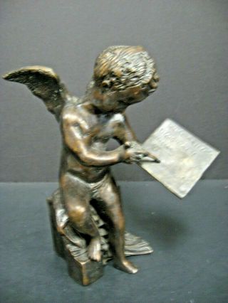 Antique Vtg Bronze Winged Angel Cherub / Putti Writing Scribe Statue 8.  5 "