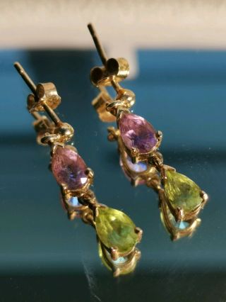 Antique Vintage Art Deco Ladies 9ct Gold Peridot & Amethyst Earrings