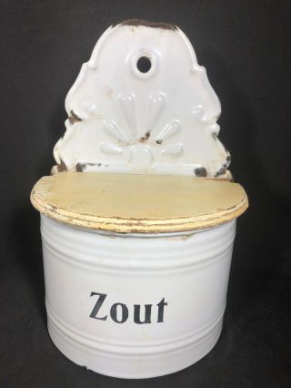 Antique Enamel Salt Box German Dutch Zout White Kitchen Canister Wood Lid 10s