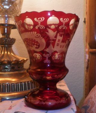 Antique Egermann Crystal Castles & Birds Motif Ruby Red Cut To Clear Vase