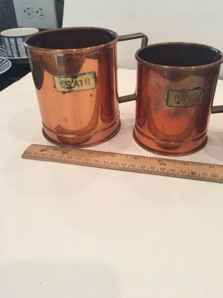 set of 3 Vtg Copper and brass Mug,  Stein,  Tankard,  Brass Handle with GRAIN label 2