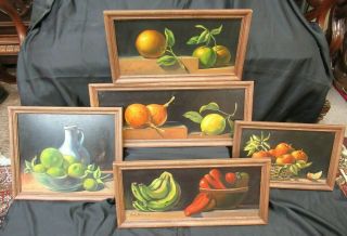 Set Of 5 Signed Vintage Oil On Board / Still Life Paintings