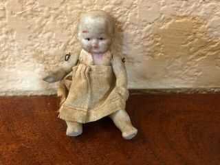 Antique Bisque Porcelain Painted 2 3/4 " Jointed Baby Doll Dress,  Diaper Japan