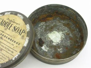 Antique VORDEMBERGE ' S SADDLE SOAP Tin - 816 Madison Ave.  BALTIMORE MD Maryland 3