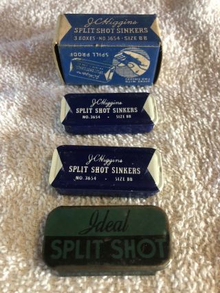 Vintage 3 Split Shot Tins - Jc Higgins (w/box) Size Bb & Ideal - All Have Shots