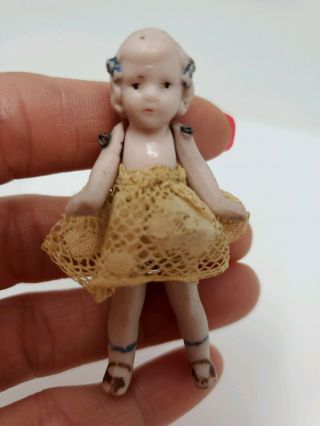Antique Bisque Doll Germany Dollhouse 2.  5 " Miniature W/ Clothes Jointed Tiny Bow