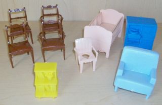 Vintage Marx " Marxie Mansion " Dollhouse Furniture - Nursery,  Dining Chairs,  More
