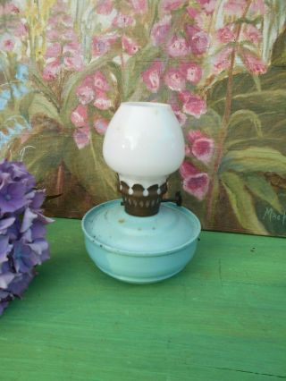 Vintage Pale Blue Enamel Kelly / Pixie / Nursery Oil Lamp With Weighted Base