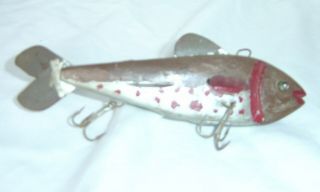 Vintage Folk Art Fish Lure 5 1/4 Inches Long Three Hooks Bead Eyes
