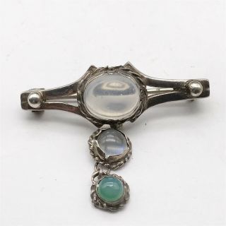 Antique Victorian Solid Silver Moonstone Set Jade Chinese Ladies Brooch