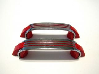Two Vintage Chrome Drawer Pulls Red Lines Plastic Ends Cabinet Handles Amerock