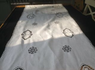 Vintage Snowy White Linen Table Runner With Lace Inserts.  & Crochet 2