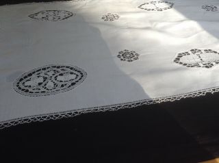 Vintage Snowy White Linen Table Runner With Lace Inserts.  & Crochet 3