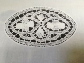 Vintage Snowy White Linen Table Runner With Lace Inserts.  & Crochet 4