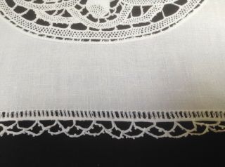 Vintage Snowy White Linen Table Runner With Lace Inserts.  & Crochet 5