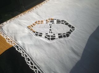 Vintage Snowy White Linen Table Runner With Lace Inserts.  & Crochet 6