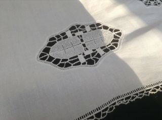 Vintage Snowy White Linen Table Runner With Lace Inserts.  & Crochet 8