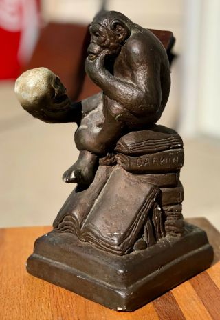 Vintage 1972 Austin Productions Bronze Plaster Darwin Chimp Ape Holding Skull