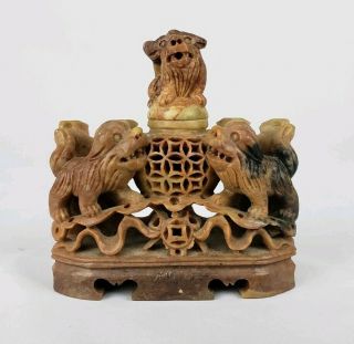 Antique Chinese Carved Soapstone Openwork Incense Burner With 3 Dogs