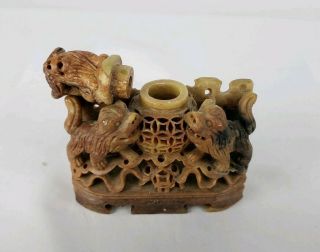 ANTIQUE CHINESE CARVED SOAPSTONE OPENWORK INCENSE BURNER WITH 3 DOGS 5