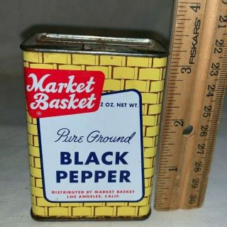 Antique Market Basket Black Pepper Spice Tin Litho Can Basketweave Los Angeles