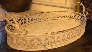 White Distressed Antique Shabby Chic Scrolled Metal & Wood Basket Tray 17.  5”x10”