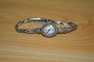 Vintage Ladies Sterling Silver Marcasite Sbs Watch,  Movement Swiss Made