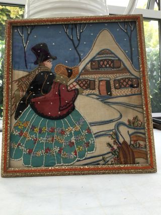 Fab Vintage Needlepoint Tapestry Framed Picture Winterscene In Frame
