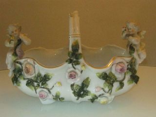 Stunning Antique Dresden Porcelain Basket With Applied Flower & Cherubs