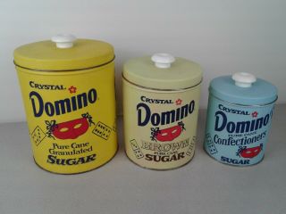 Set Of 3 Vintage Tin Domino Sugar Containers With Lids