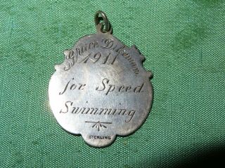 Antique 1911 Sterling Award Medal Pendant For Grace Dikeman For Speed Swimming