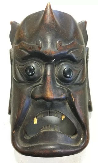 Antique Hand Carved Wooden Oni Demon Mask W/ Bone Teeth