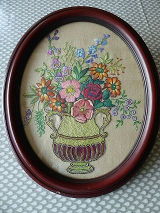 Vintage Hand Embroidered Picture - Exquisite Floral Bouquet