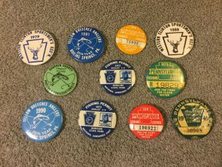 (11) Vintage Pennsylvania Fishing License Pinback Badges (1) 1946,  1974 - 75,  Etc,