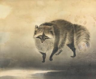 Japanese Hanging Scroll Kakejiku Raccoon Dog Hand Paint Silk Stamp Antique B151