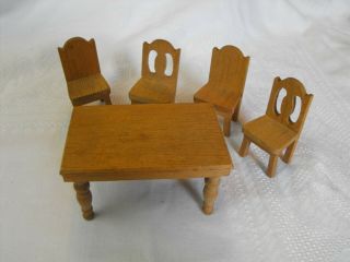 Vintage Blonde Wood Doll House Furniture Dining Room Table & Chairs