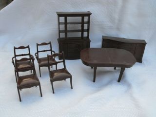 Vintage Marx Dark Brown Plastic Doll House Furniture Table Chairs Buffet
