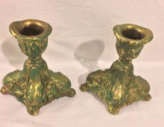 Pair Mid Century Antique Ornate 4 " Brass Candle Holders