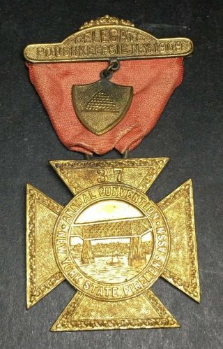 Firemen Association State Of Ny Convention Badge Medal Poughkeepsie 1909 Antique