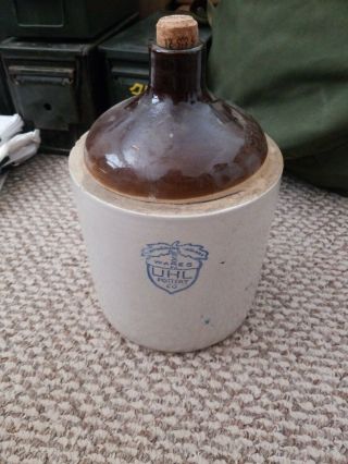 Antique Uhl Pottery 2 Tone Stoneware Lg Jug Blue Stamp Acorn Wares