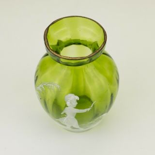 Antique Mary Gregory Green Glass - Enamelled Young Girl Decorated Vase 5