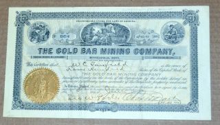 The Gold Bar Mining Company 1907 Antique Stock Certificate