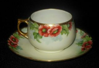 Antique Hand Painted Tea Cup Saucer Set Gold Rim Red Poppy Flowers