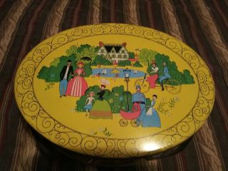 Vintage Yellow Oval Metal Tin W/ Handles English Novelty Cookie,  Sewing Basket.