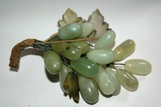 Antique Pale Jade Green Stone 18 Grapes Bunch 4 Stone Leaves Vintage Fruit