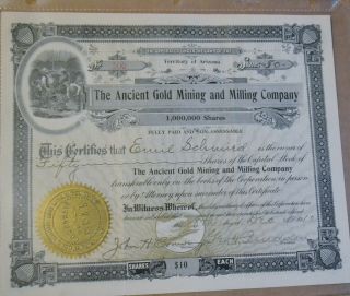 The Ancient Gold Mining And Milling Company 1910 Antique Stock Certificate