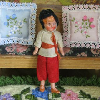 Antique Bisque German Dollhouse Hertwig Boy Doll Wire Jointed Painted Face 30s