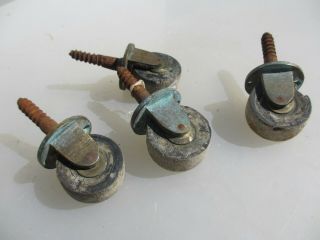 Vintage Wood & Brass Furniture Castors Trolley Wheels Chair Antique Iron Old x4 4