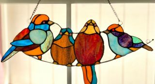 Songbirds On A Wire Tiffany Style Stained Glass Window Panels 18 " L X 8 " H Pair