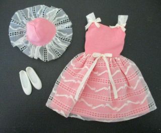 Vtg Barbie: Skipper 1965 Pak Party Pink Dress With Matching Hat & White Flats